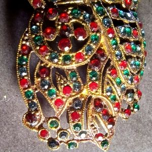 Vintage ROCOCO Signed Red Green Rhinestone Brooch Pin